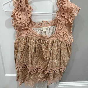 Elegant Eyelet Lace Blouse in Pink and Beige